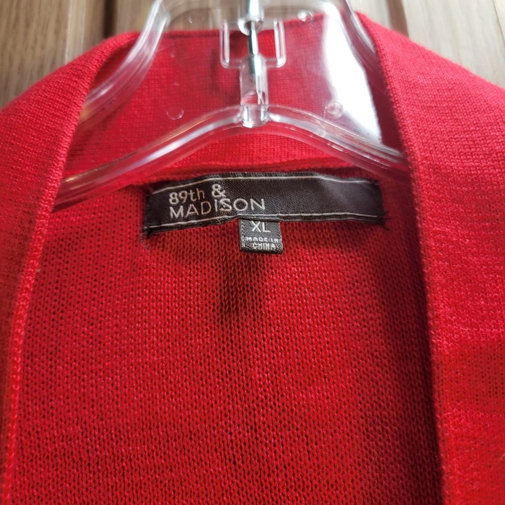 89th & Madison Womens XL Red Open Front Pointelle Chevron Knit Cardigan Sweater - Picture 2 of 6